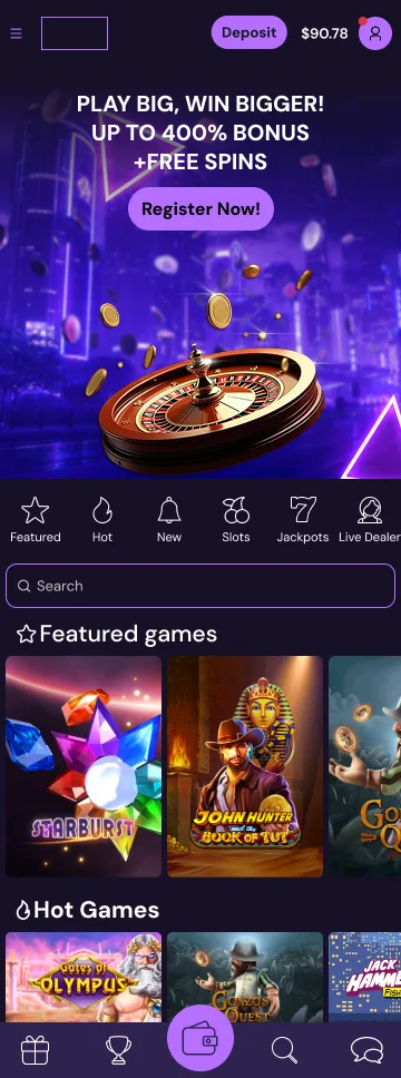 Purple Night casino theme on mobile